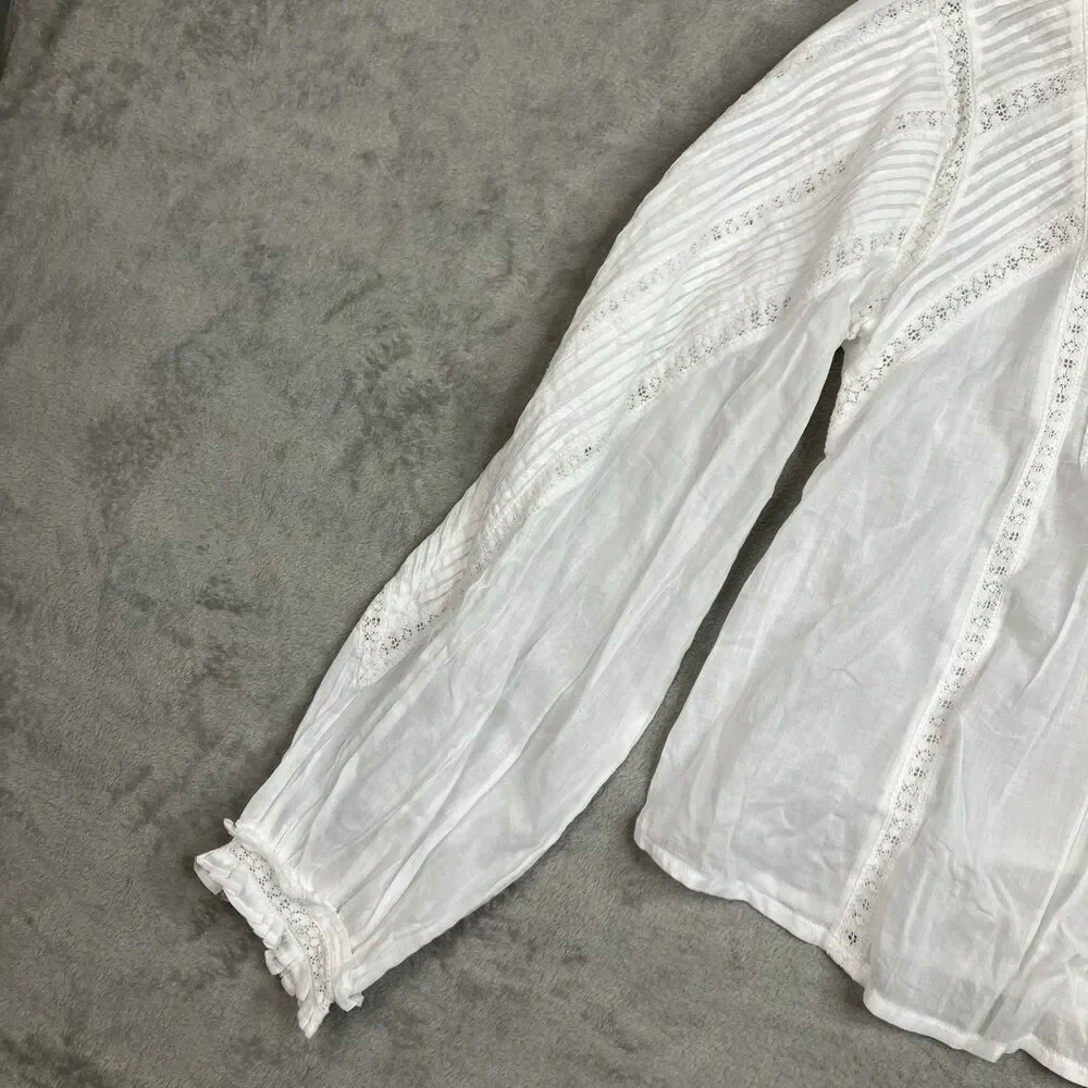 Madewell Pintuck Lace Blouse White Long Sleeve Equestrian Preppy‎ Top Womens M